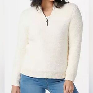 Barefoot Dreams Pullover‎ Sweater Top Size L Half Zip Shearling CozyChic Ivory